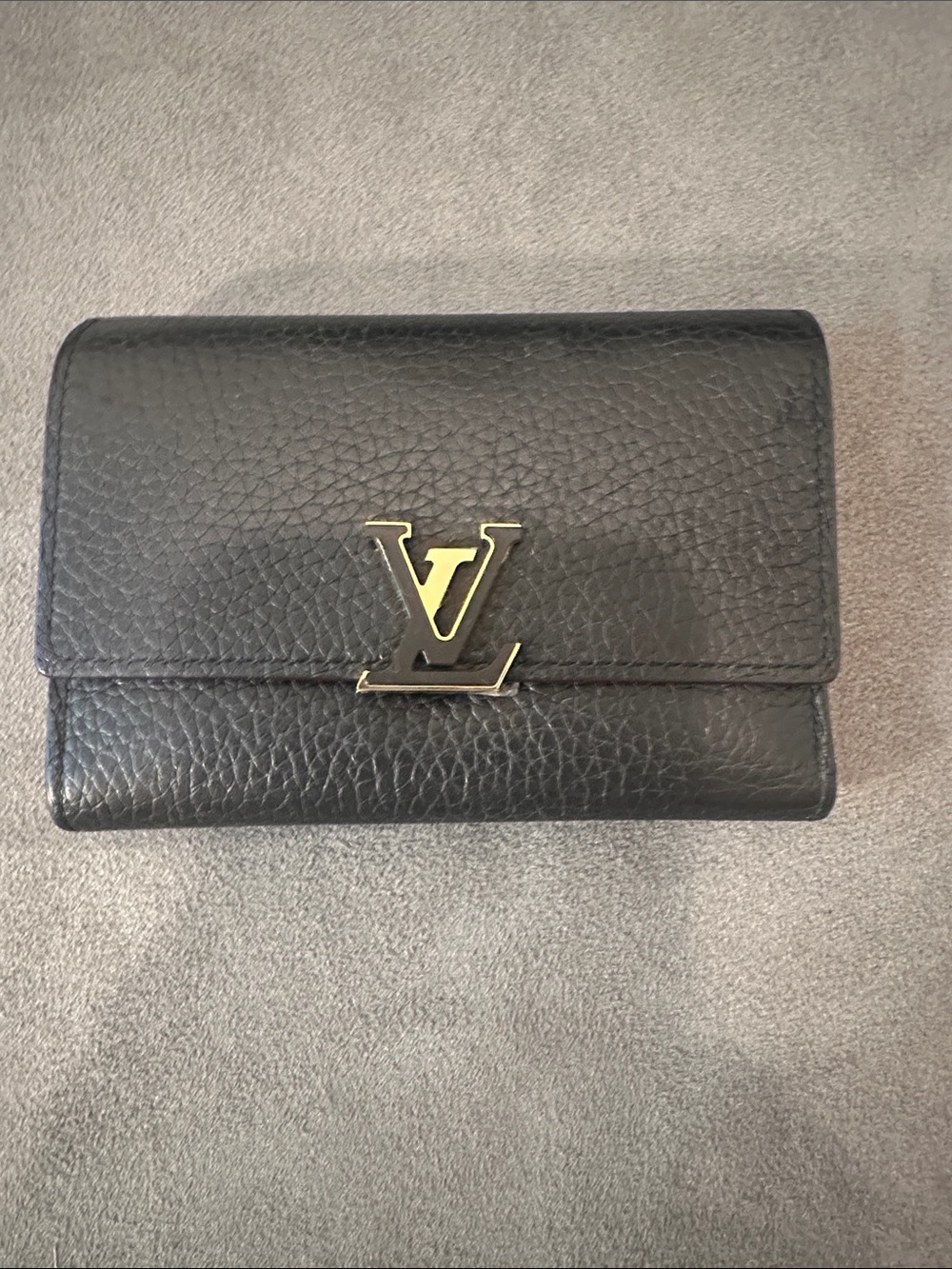 Louis Vuitton Black Leather Compact Wallet Card Holder Gold LV